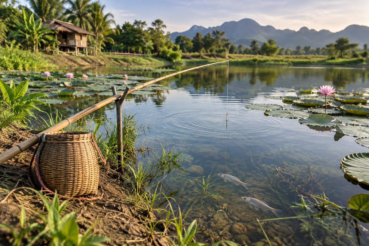 ปลาในบึงและคันเบ็ดริมตลิ่ง